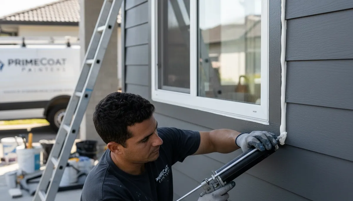Professional caulking and sealing on Escondido, CA home exterior to prevent moisture and improve efficiency