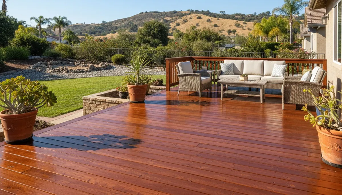 Finished deck staining in Escondido, CA highlighting restored wood color and weather-protective finish
