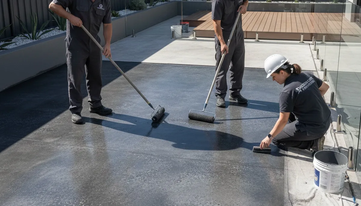 Professional concrete staining on residential patio in Escondido, CA by local house painting experts