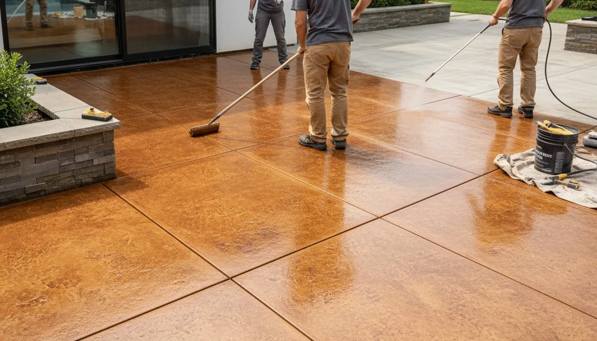 Professional concrete staining on patio surface in Escondido, CA by local house painters