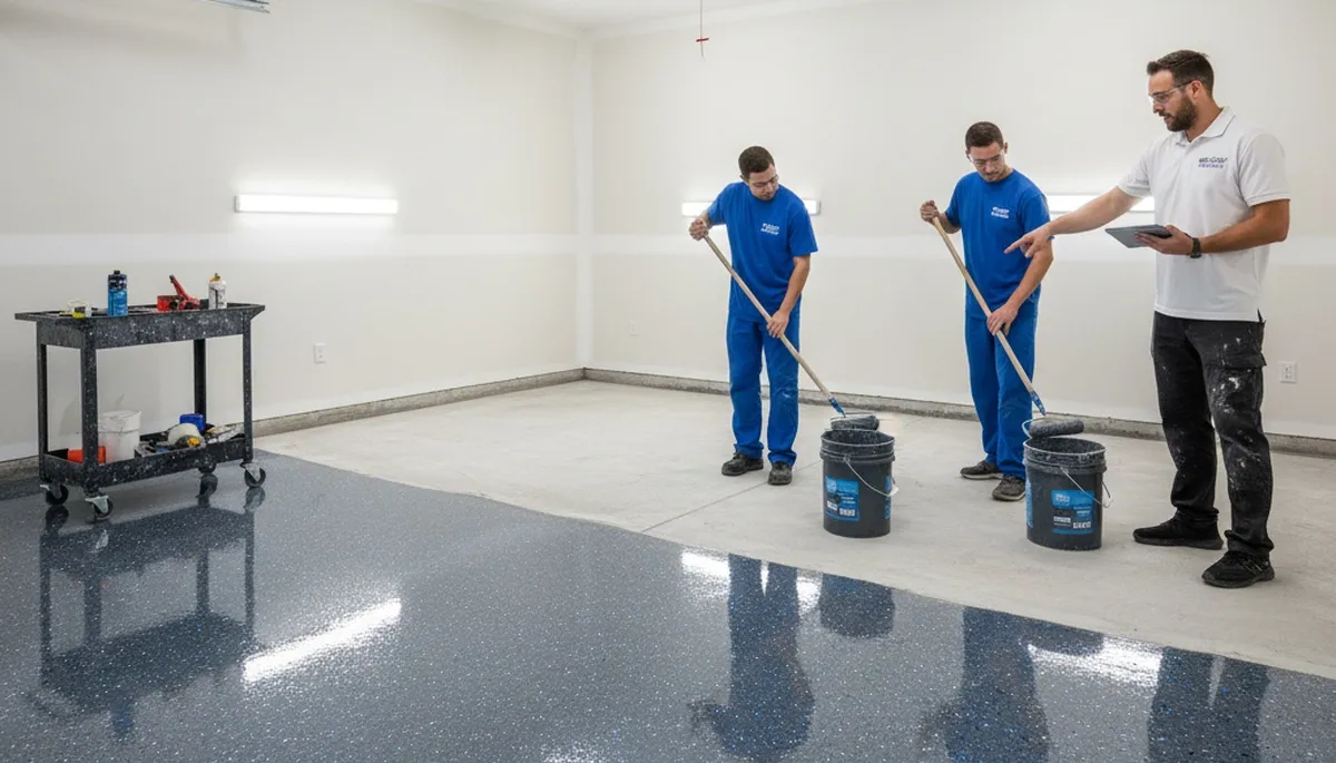 Epoxy garage floor coating in Escondido CA with glossy finish by local professional painters