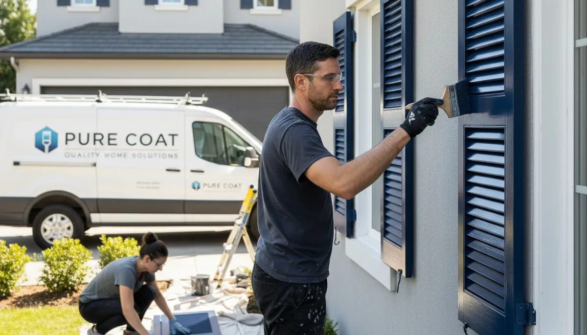 Professional painters refinishing exterior shutters in Escondido, CA for lasting color and curb appeal