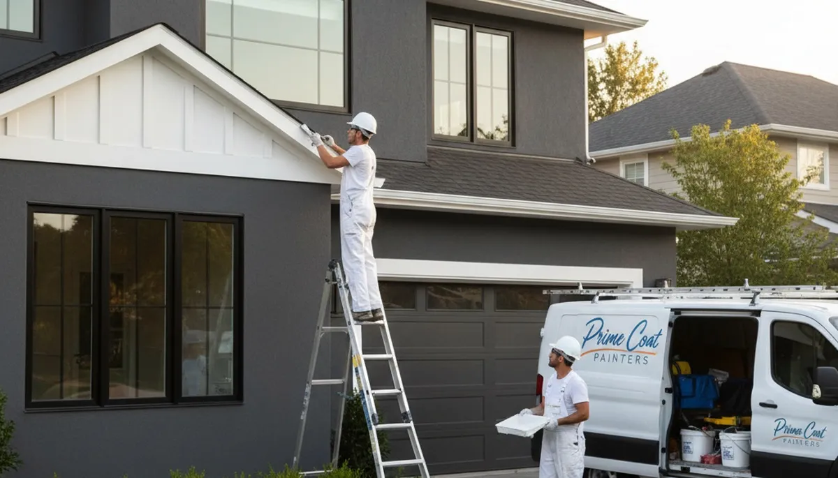 Professional trim and fascia painting on stucco home in Escondido, CA by expert house painters